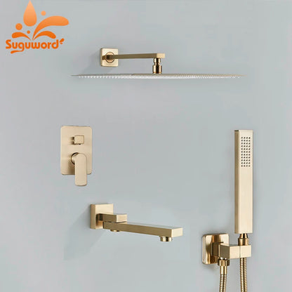 Brushed Gold Bathroom Shower Faucet Rainfall Concealed Shower
