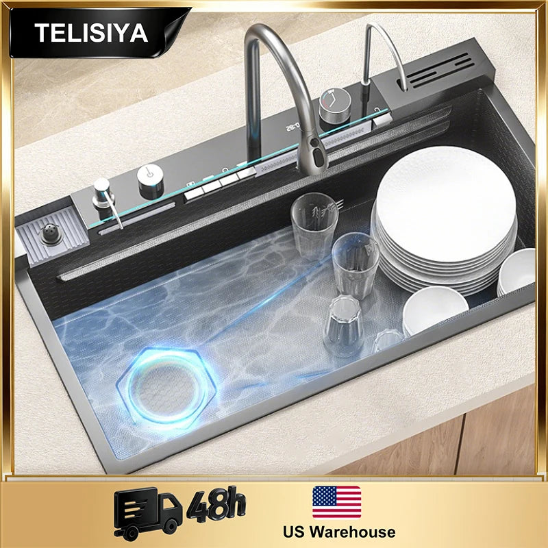 Stainless Steel Sink Digital Display Waterfall Large Slot