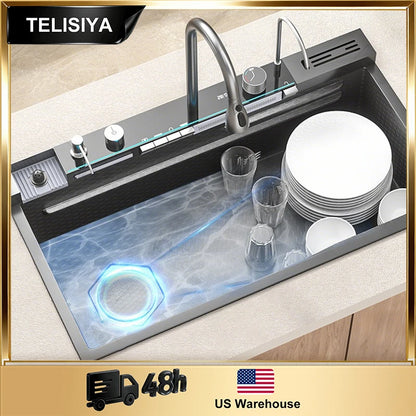 Stainless Steel Sink Digital Display Waterfall Large Slot