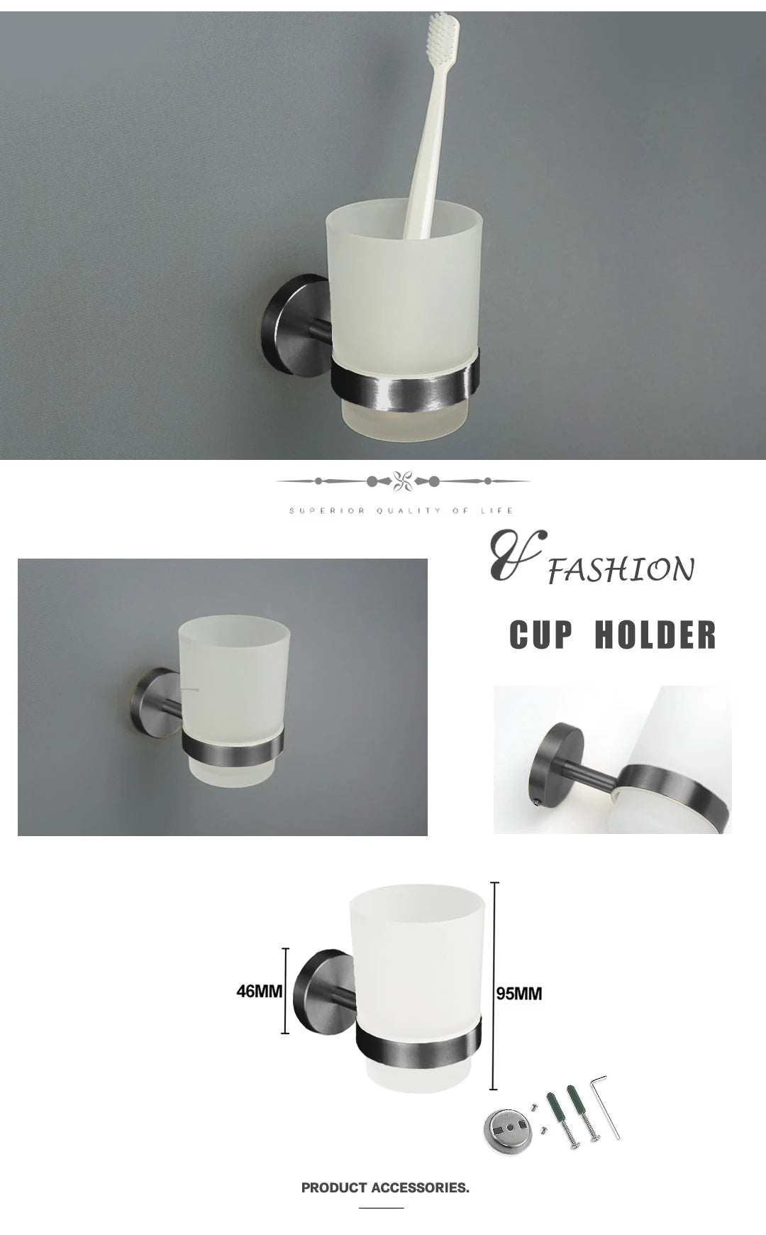 Grey Bathroom Hardware Kit Stainless Steel Round Wall