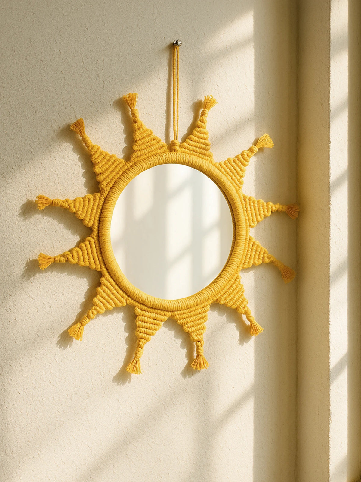 Handmade Yellow Sun Wall Mirror Boho Macrame Wall