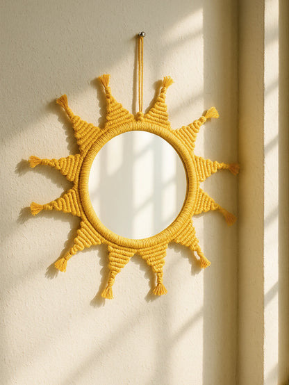Handmade Yellow Sun Wall Mirror Boho Macrame Wall