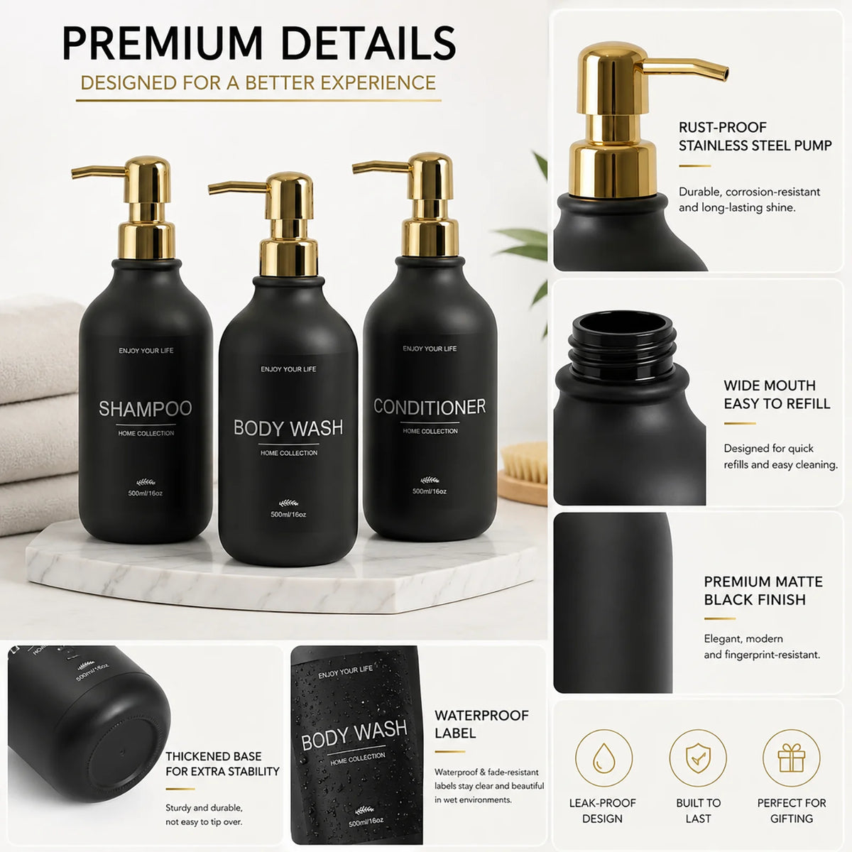 Matte Black Shower Dispenser Bottles Plastic Shampoo Conditioner