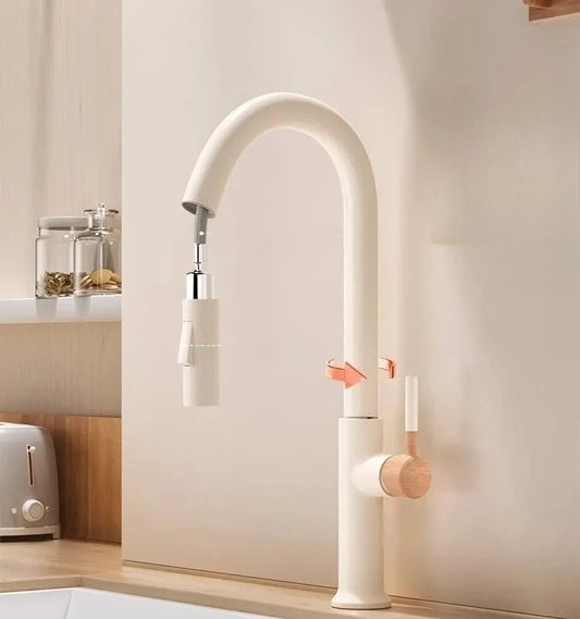 Wooden Cream Pull-Out Cold All Copper Faucet Retractable