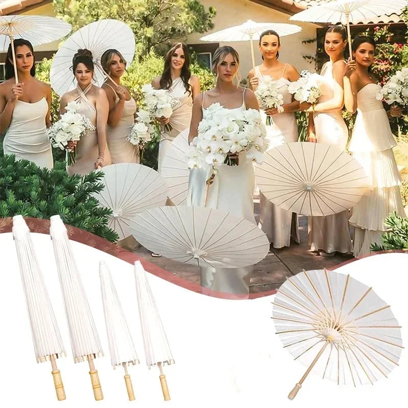 White Wedding Paper Umbrellas 60/80cm Chinese Wooden Handle