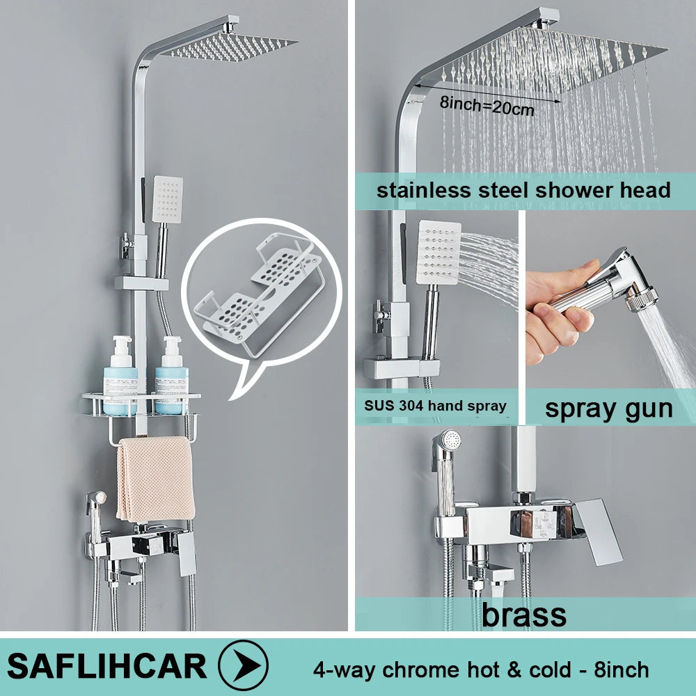 Black/Chrome Brass Shower Faucets Rainfall Shower Shelf Cold