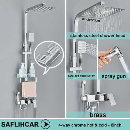 Black/Chrome Brass Shower Faucets Rainfall Shower Shelf Cold
