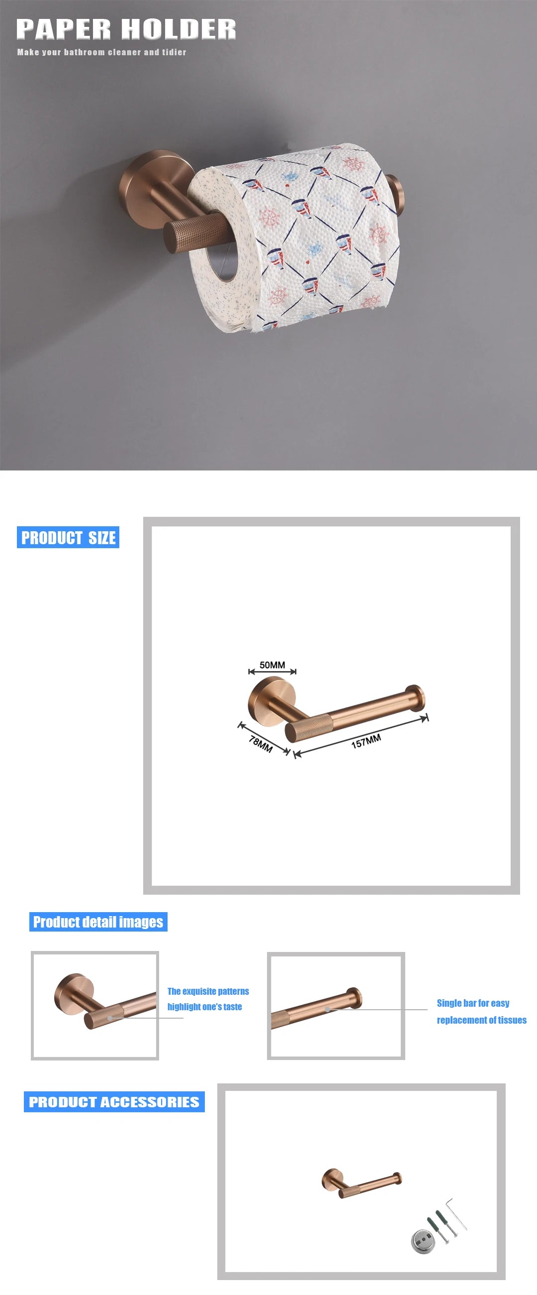 Brushed Rose Gold Brass Knurling Toilet Brush Holder