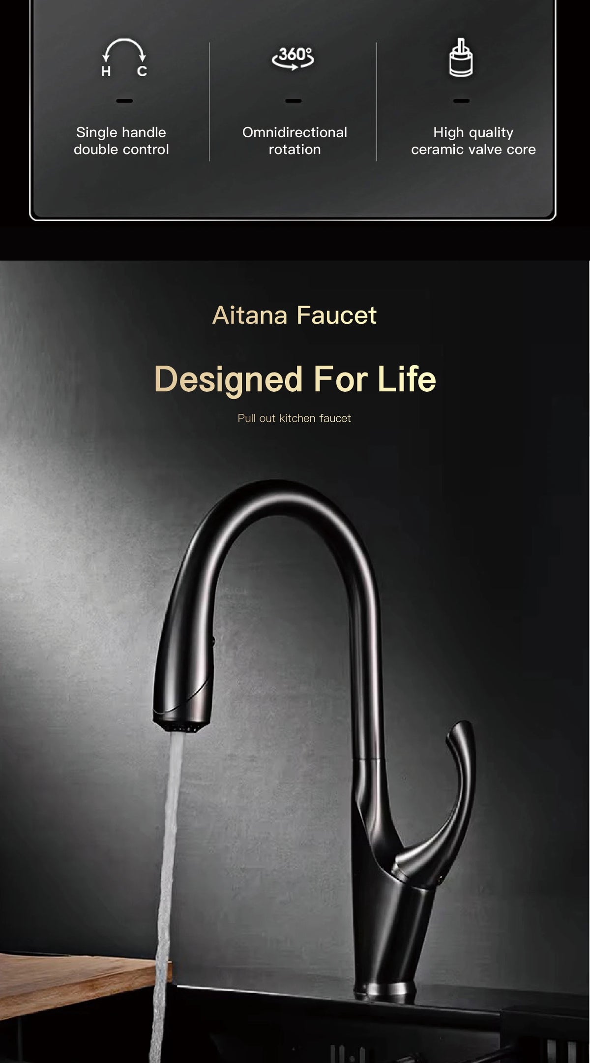 High-End Touch Black Faucet Brass Pull-Out Design Three-Function