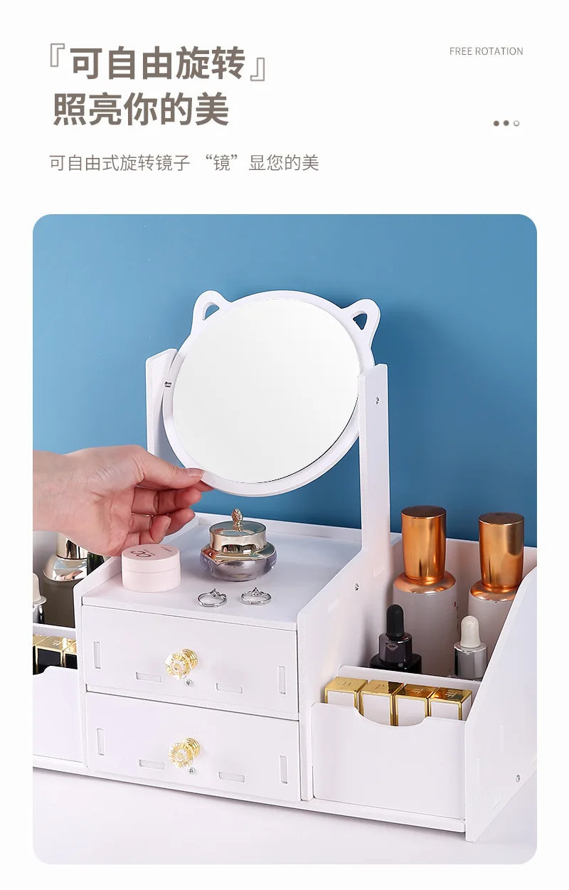 Desktop Drawer-Type Vanity Mirror Storage Box Round Makeup