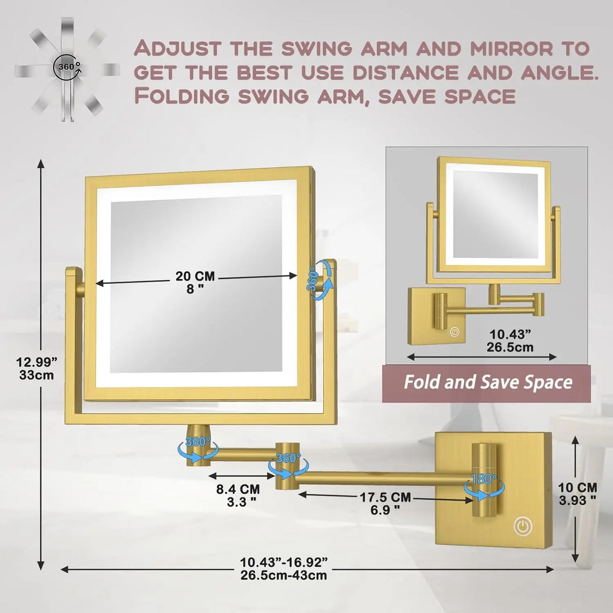 Square Touch Led Folding Bathroom Mirror 3x Magnifying
