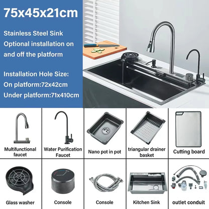Stainless Steel Waterfall Sink Large Slot Integrated Faucet