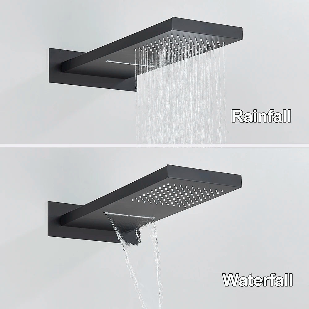 Black Bathroom Thermostatic Faucet Rainfall Waterfall Shower