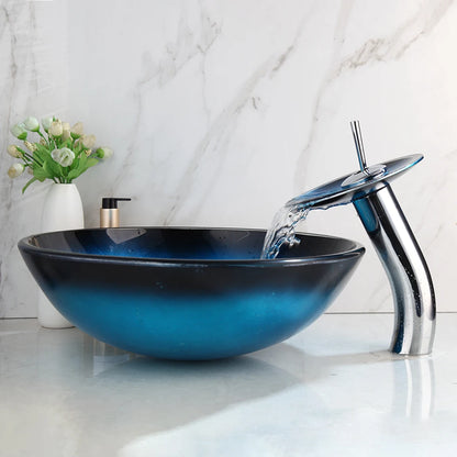 Zappo Tempered Glass Bathroom Vessel Sink Waterfall Black