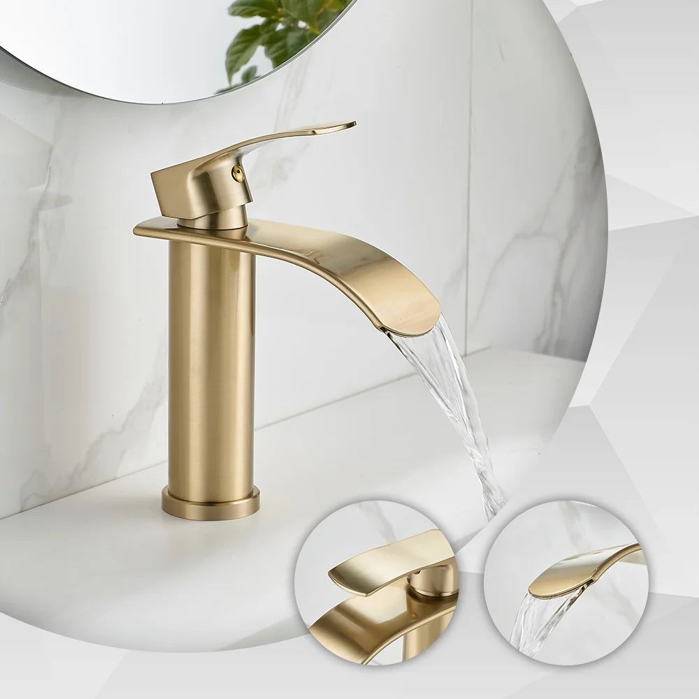 Tall Short Brass Waterfall Faucet Bathroom Sink Faucet