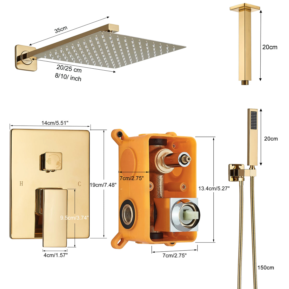 Golden Shower Faucets 2-Ways Rainfall Shower System Wall