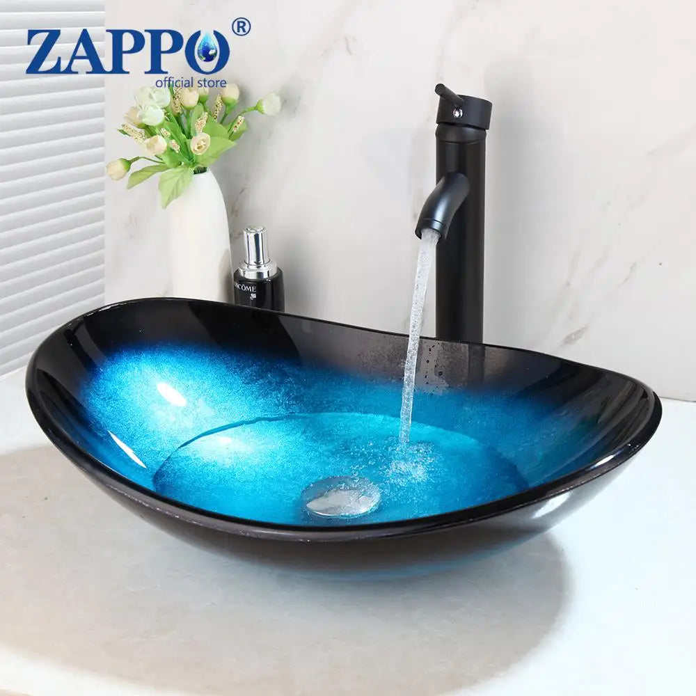 Zappo Tempered Glass Bathroom Vessel Sink Waterfall Black