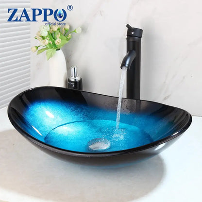 Zappo Tempered Glass Bathroom Vessel Sink Waterfall Black