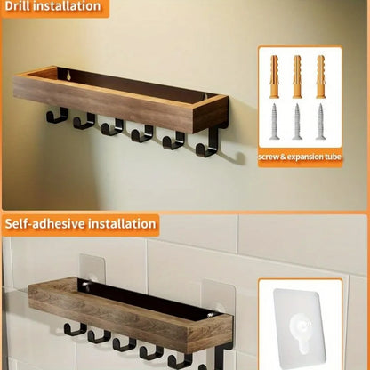 Rustic Wooden Floating Shelf Hooks Shower Caddy Key