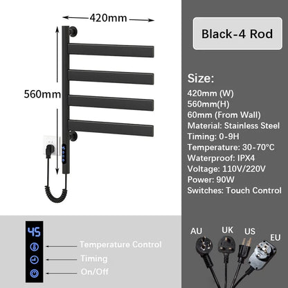 Black Electric Towel Rack Bathroom Temperature Time Smart