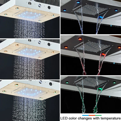 Black Thermostatic Bathroom Shower Faucet Remote Led Rainfall