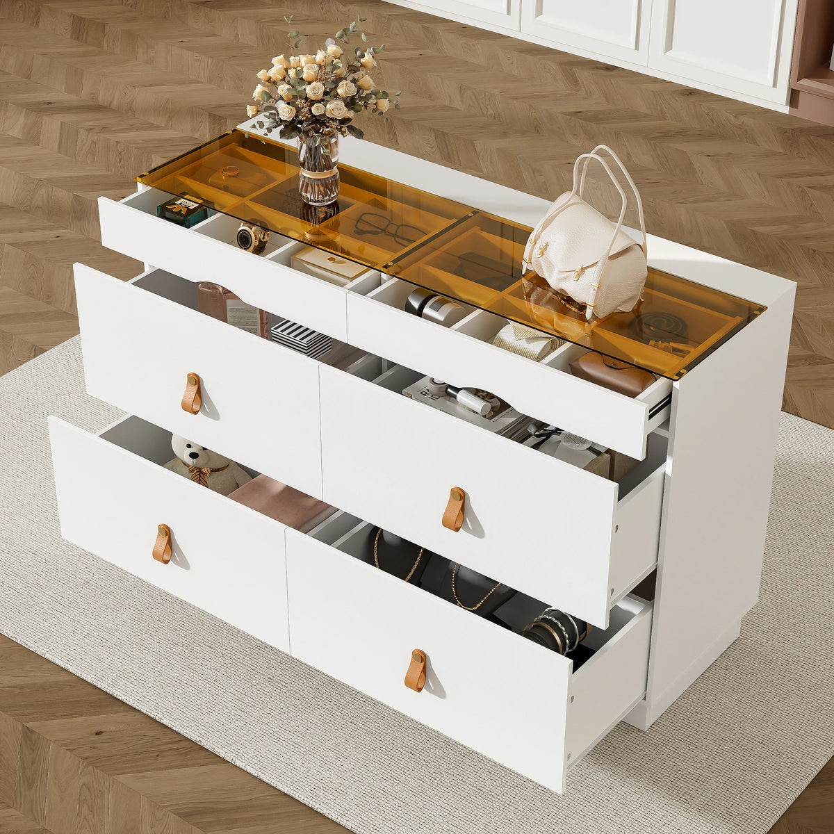 6-Drawer White Sliding Glass Sideboard Makeup Vanity Cabinet