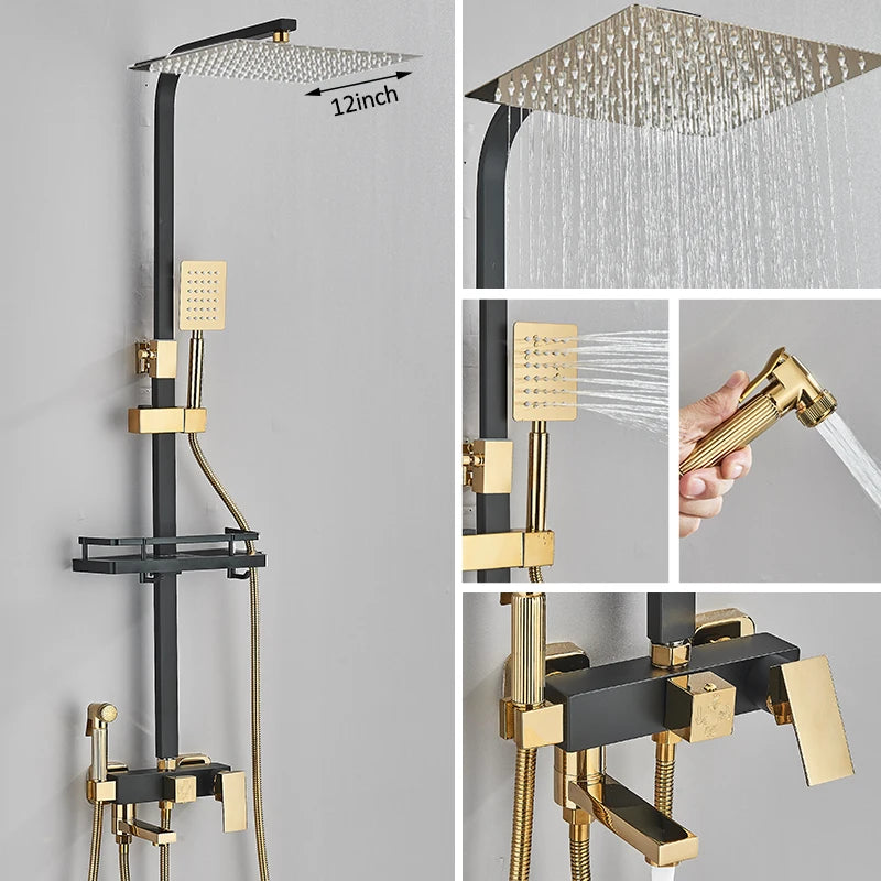 Black Chrome 3/4-Way Shower Faucet Rainfall Shower Cold