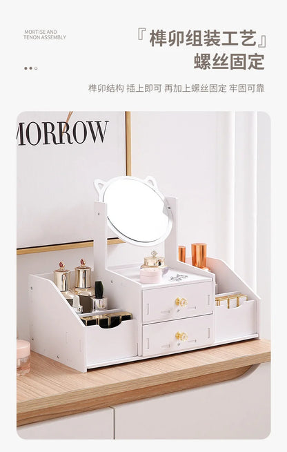 Desktop Drawer-Type Vanity Mirror Storage Box Round Makeup