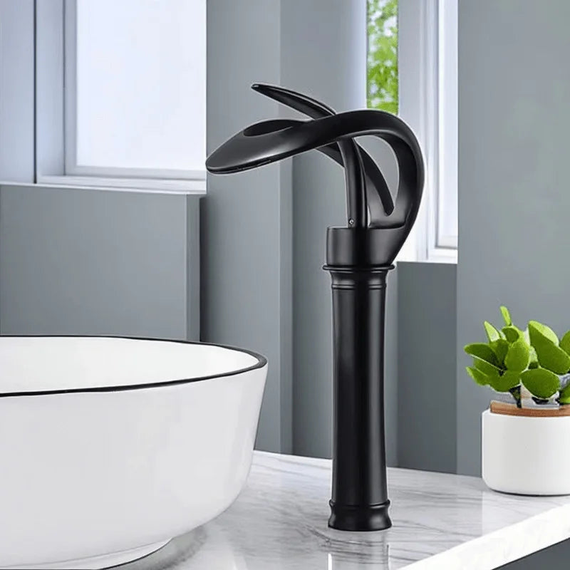 Black Bathroom Basin Taps Handle Waterfall Faucet Solid
