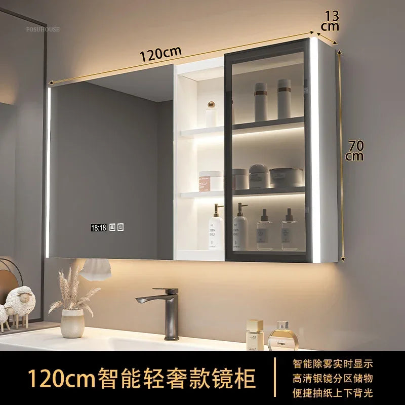 Modern Solid Wood Smart Bathroom Mirror Cabinet Light