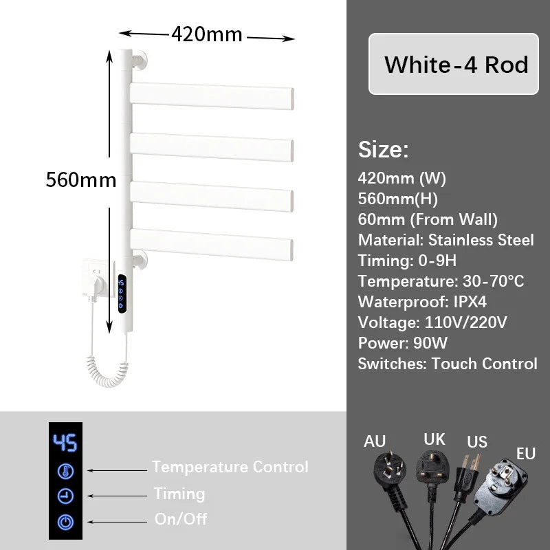 Black Electric Towel Rack Bathroom Temperature Time Smart