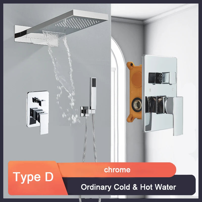 Black Bathroom Thermostatic Faucet Rainfall Waterfall Shower
