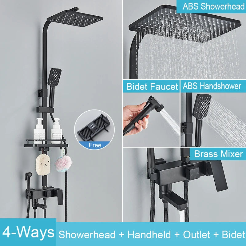 Black Brass Shower Faucet Rainfall Bathtub Tap Bathroom