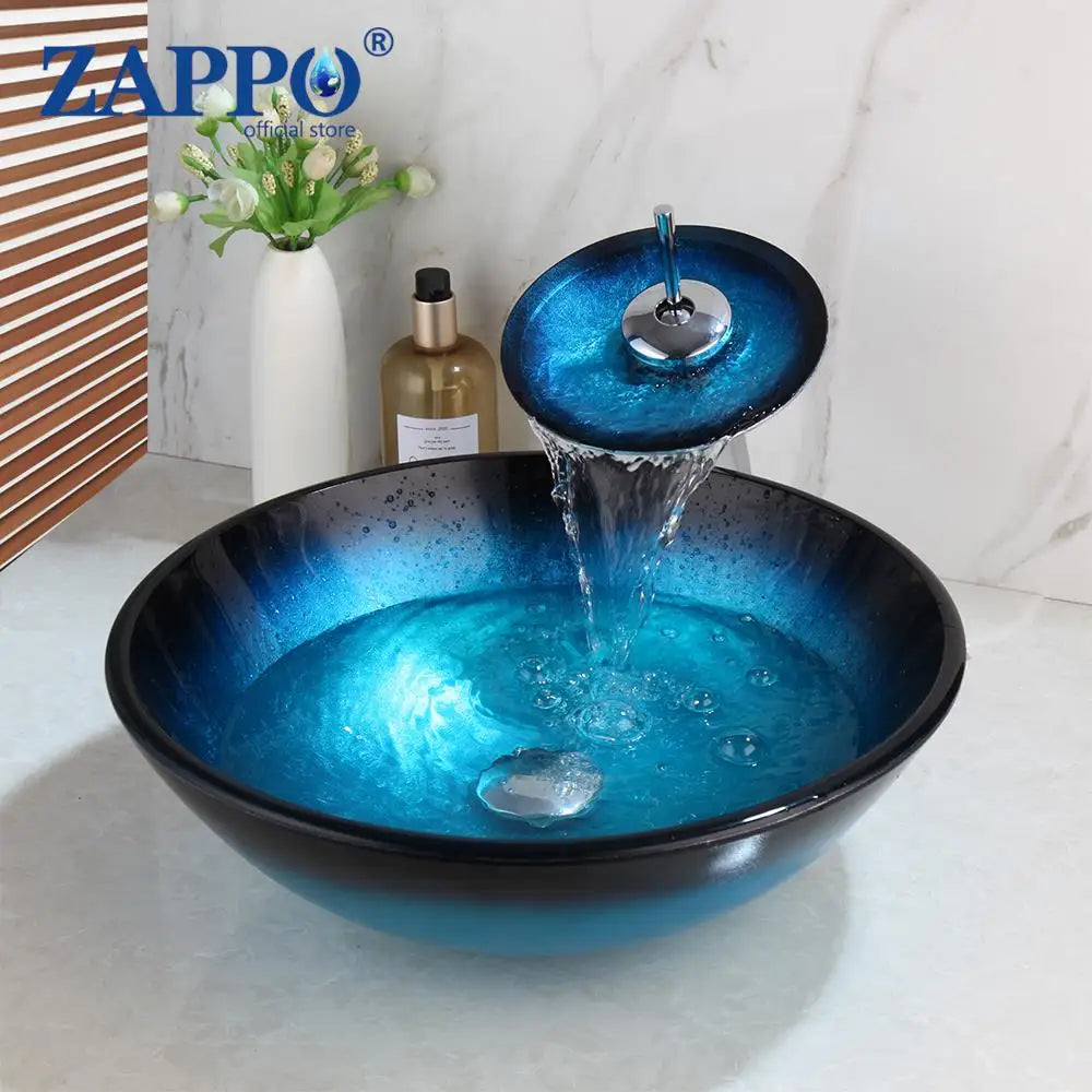 Zappo Tempered Glass Bathroom Vessel Sink Waterfall Black