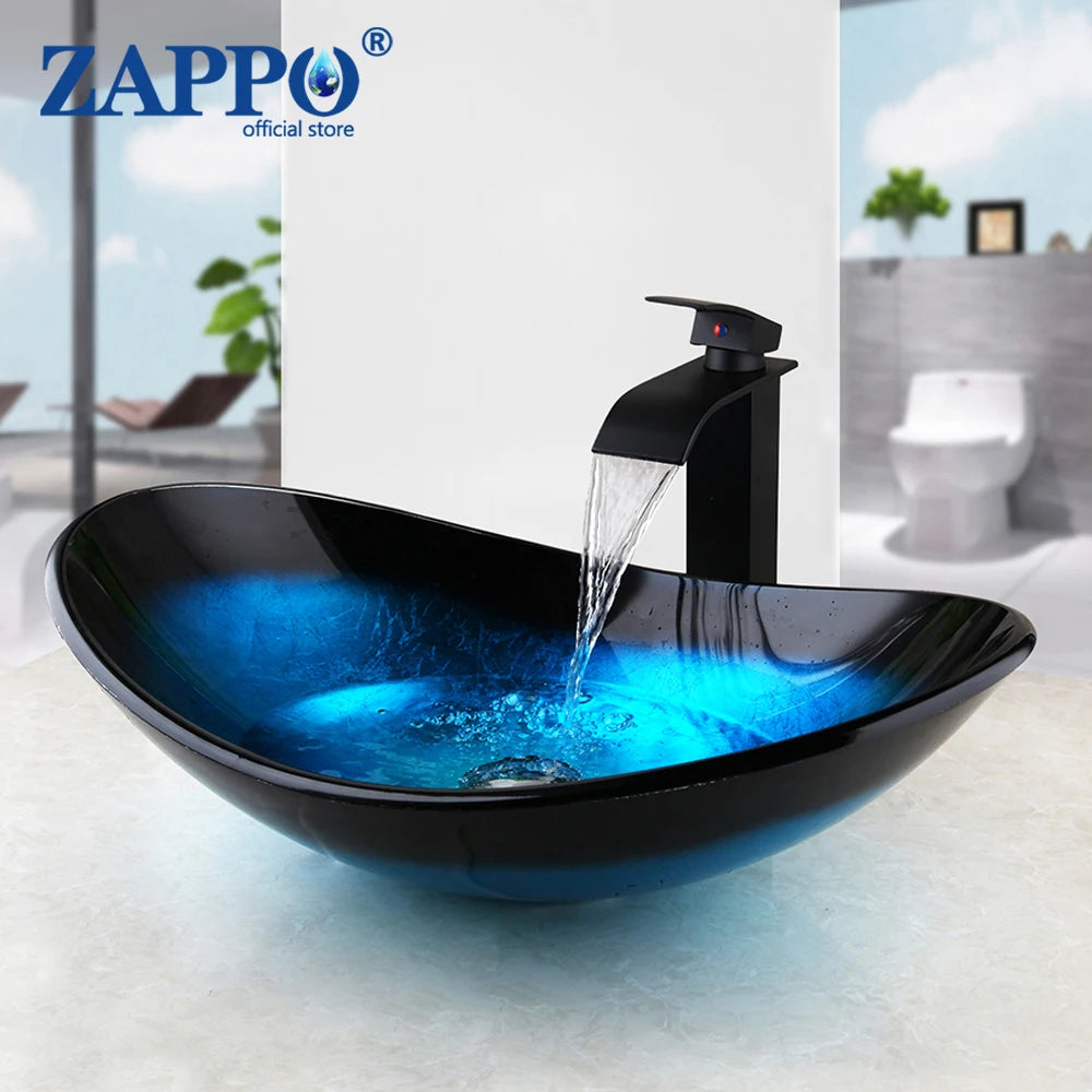 Zappo Tempered Glass Bathroom Vessel Sink Waterfall Black