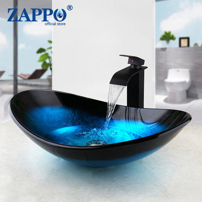 Zappo Tempered Glass Bathroom Vessel Sink Waterfall Black