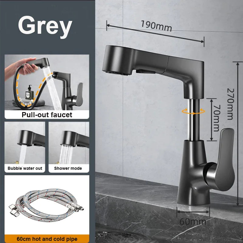 Brass Pull-Out Dual-Function Bathroom Sink Faucet Adjustable