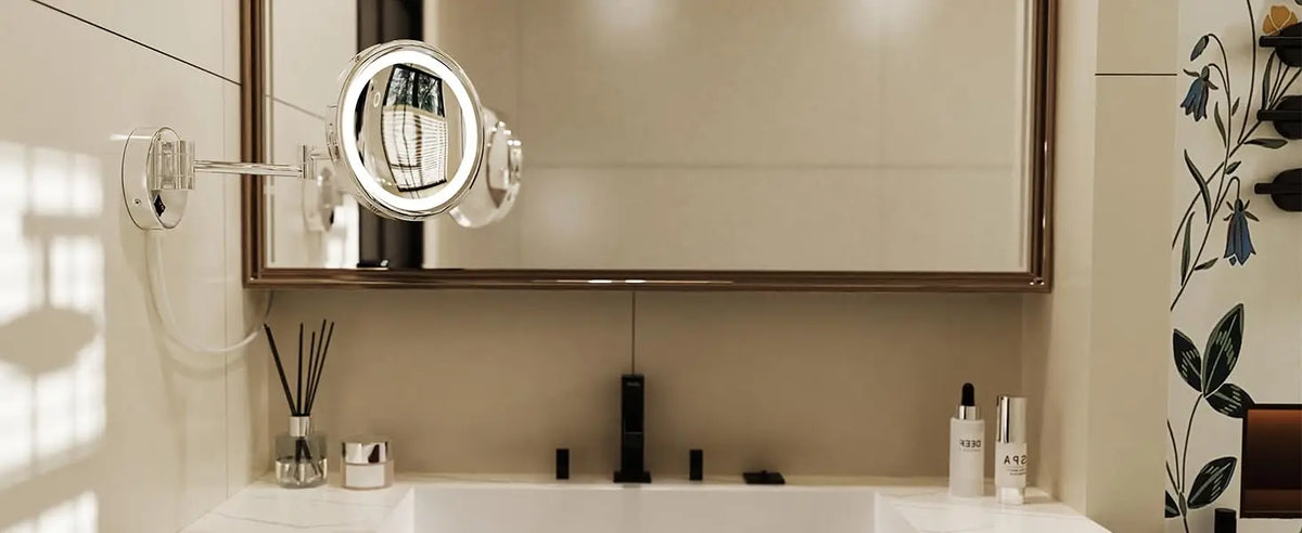 Brushed Gold Led Folding Bathroom Mirror Wall Mounted