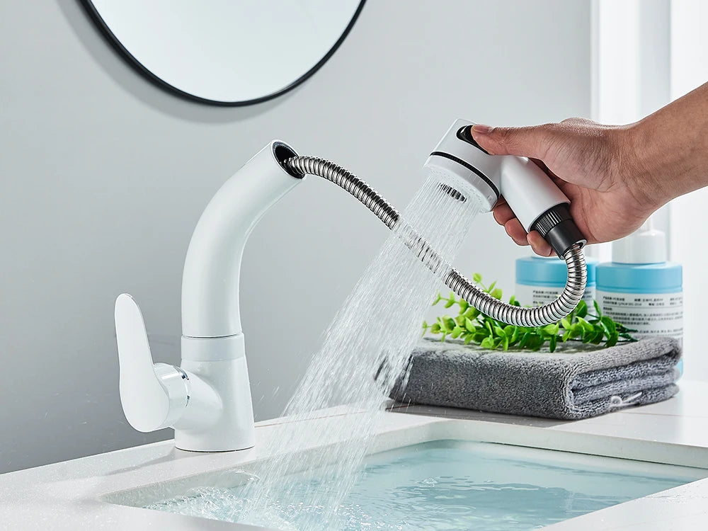 White Pull Out Bathroom Sink Faucet Cold Water