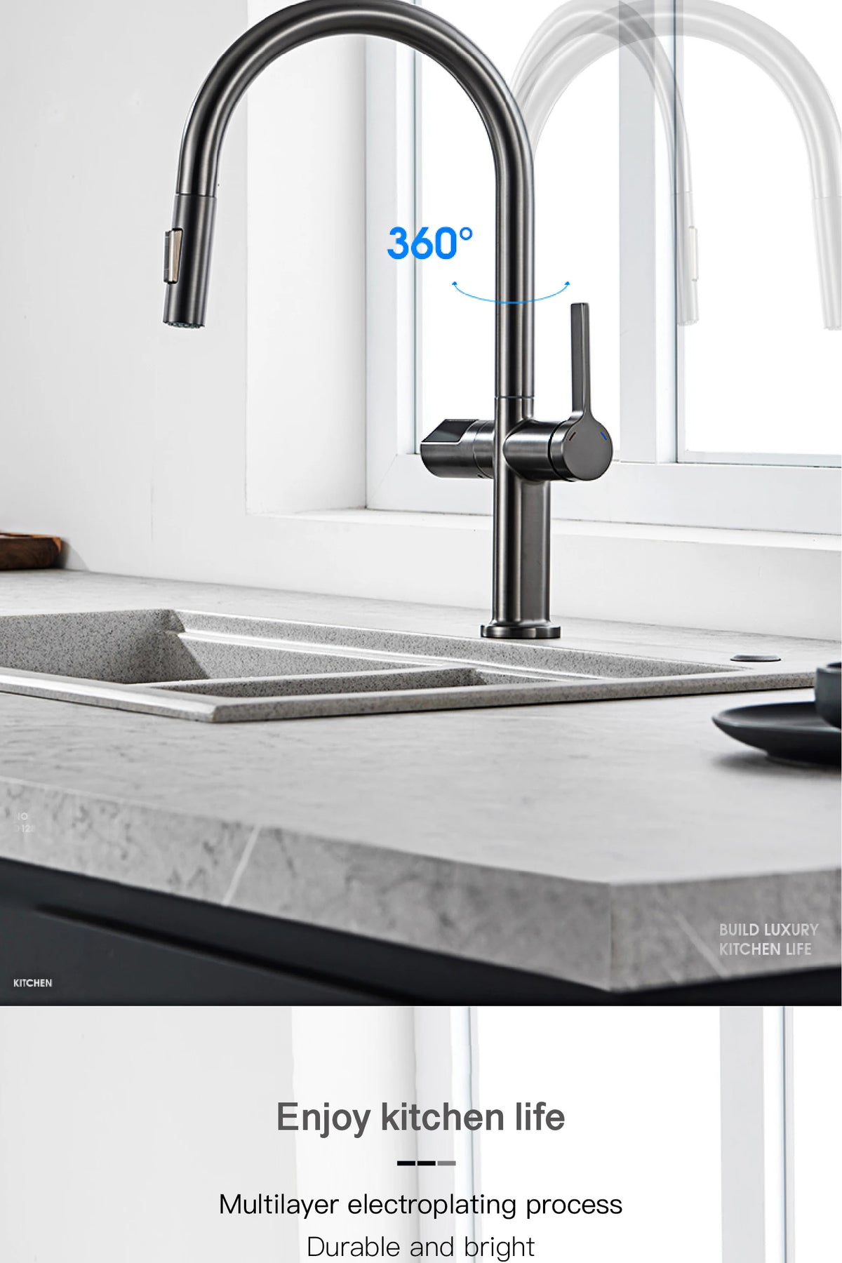 Light Luxury Gun Gray Brass Faucet Digital Display