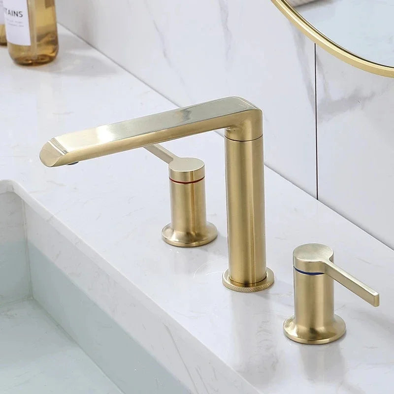 Brushed Gold Bathroom Widespread Basin Faucets Soild Brass