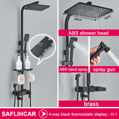 Black/Chrome Brass Shower Faucets Rainfall Shower Shelf Cold