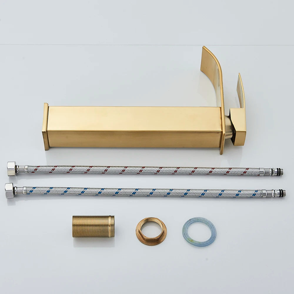 Brushed Golden Basin Faucets Elegant Waterfall Bathroom Sink