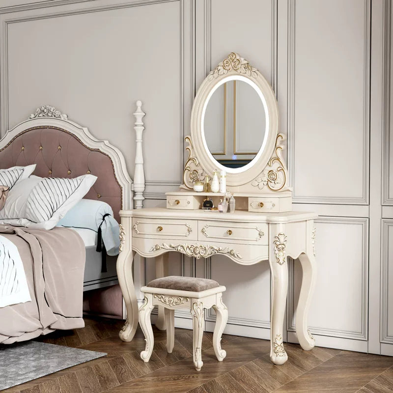 European Dressers Vanity Mirror White Makeup Desk Drawers