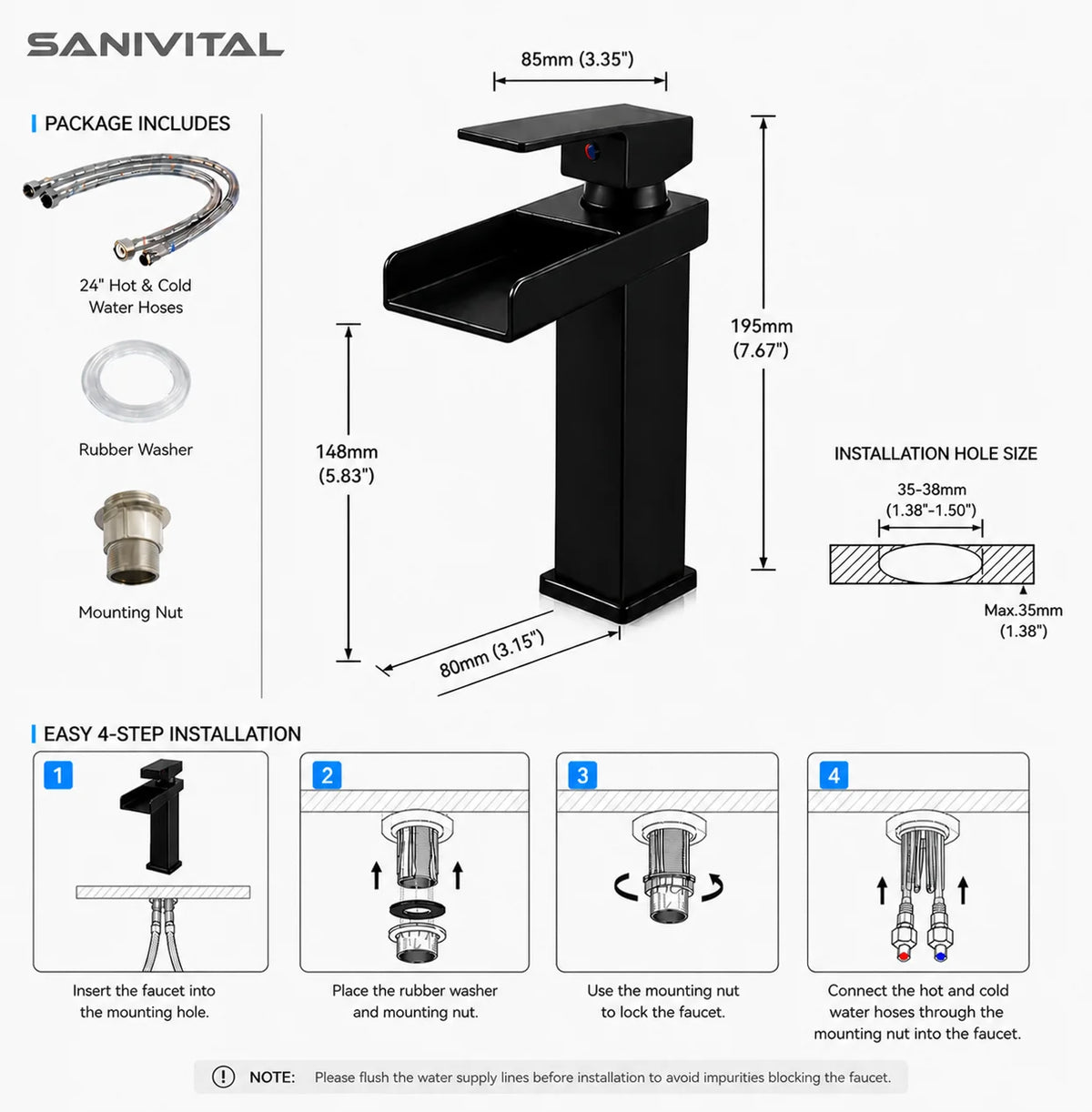 Sanivital Waterfall Bathroom Faucet Cold Mixer Tap Handle
