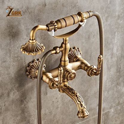 Antique Brass Bathtub Shower Faucets Wall Mounted Bath