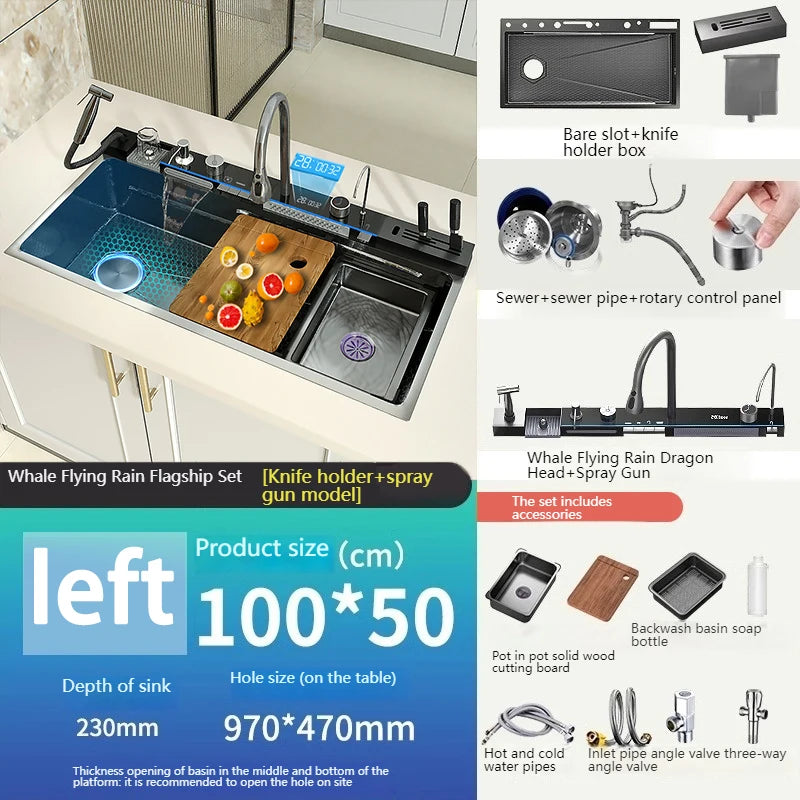 Stainless Steel Waterfall Sink Digital Display Large Slot