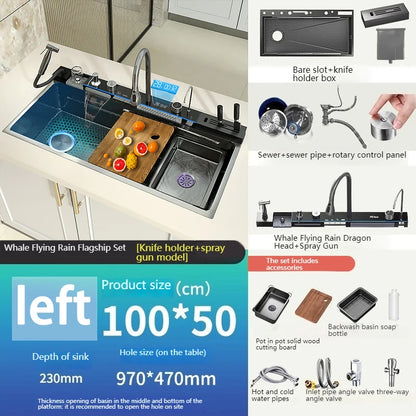 Stainless Steel Waterfall Sink Digital Display Large Slot
