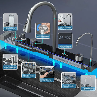 304 Stainless Steel Waterfall Sink Digital Display Large