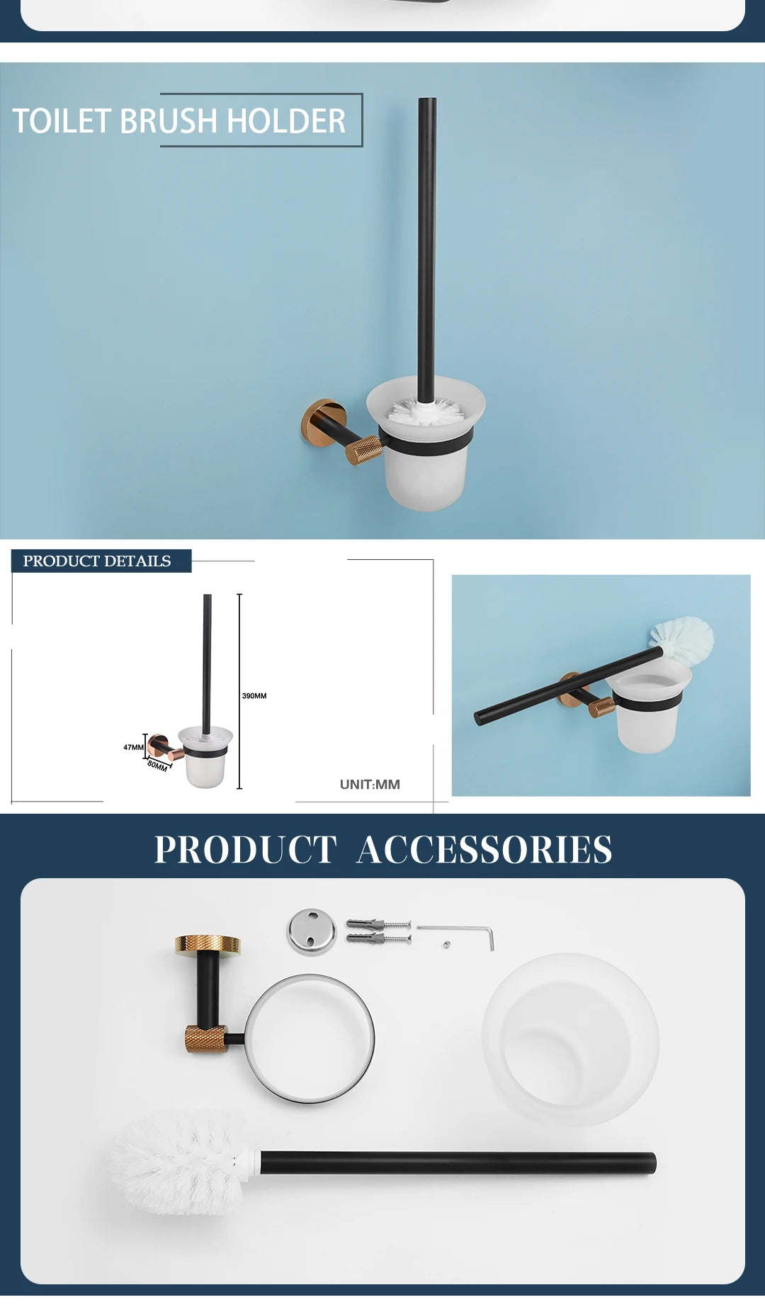 Rose Gold &Black Wall Mount Shelf Toilet Bath